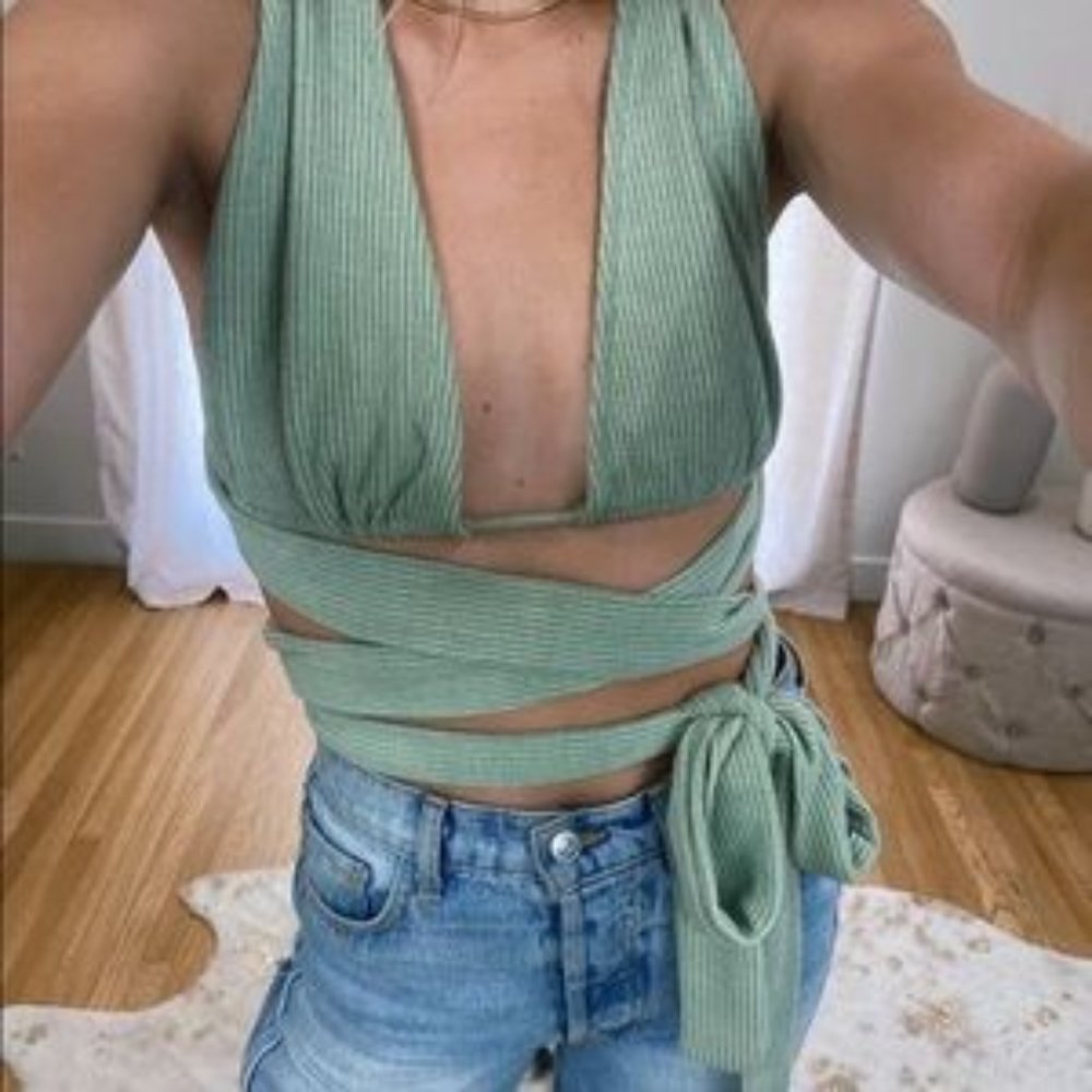 Green Knit Wrap Top- Beige Botany